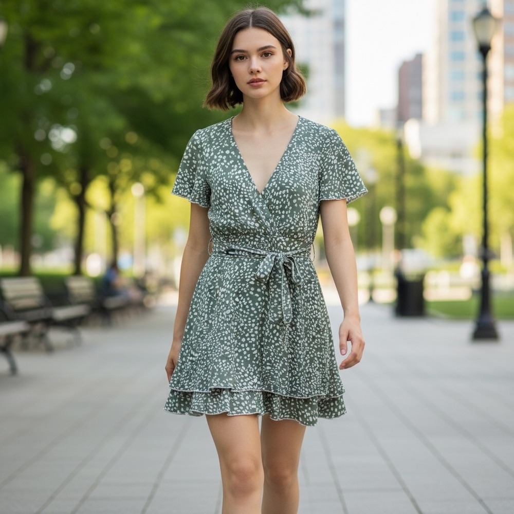 Emerald Sundae Mini Dress Womens 5 Green Excellent Ruffle Tie Waist Pebble Print